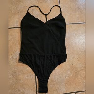 Lulu's Black Wrap-Front Spaghetti Strap Bodysuit